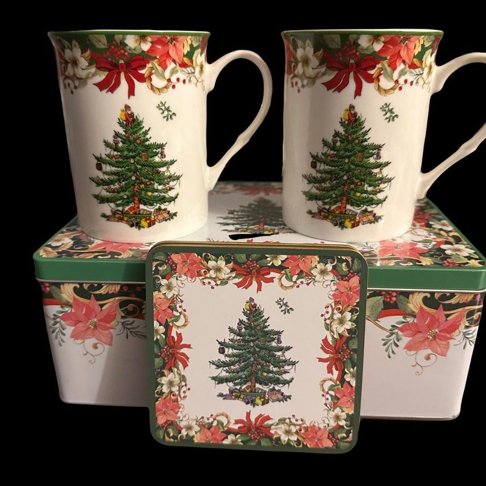 Spode Collectible NIB Pair Christmas Tree Mugs Coffee